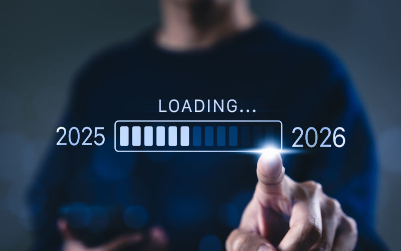 Progress and transition from 2025 to 2026 concept. A person pointing to loading bar transitioning from 2025 to 2026, progress, future planning, and new year goals. annual planning and business growth.Image iStock CreditSupatman