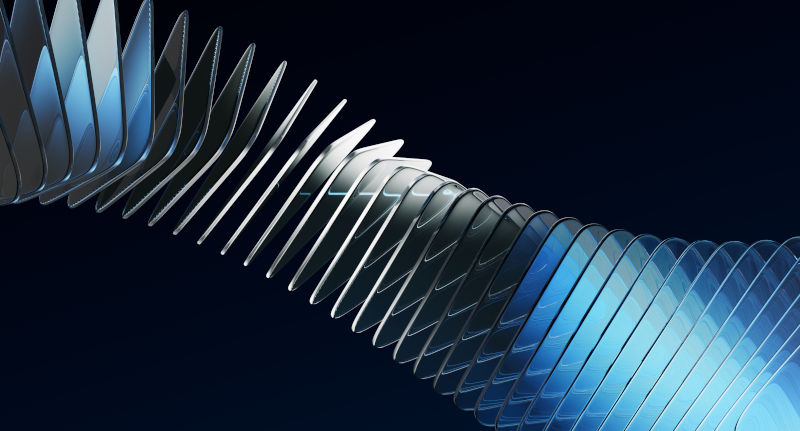 Abstract black 3d background with glass transparent rectangle plates row, light blue gradient and speed motion effect. Hologram curve wave line pattern. Render futuristic digital tech Image iStock. Credit Andrei Akushevich