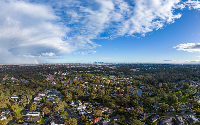 A winter storm and rainbow aerial view over the estate of Springthorpe near Bundoora in Macleod, Melbourne, Australia ImageiStock FiledIMAGE