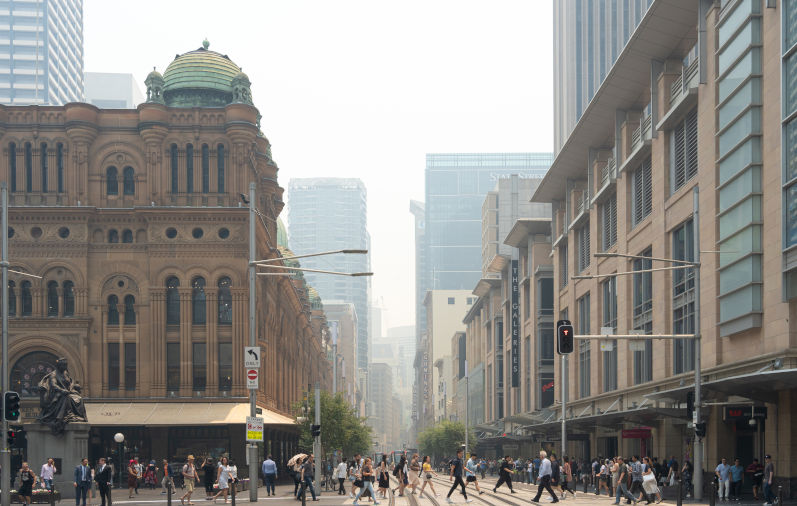The sky over Downtown of Sydney were covered by heavy red smoke from bushfire 2019. Image iStock Kitsada Wetchasart