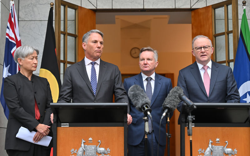 Minister for Foreign Affairs Penny Wong, Deputy Prime Minister Richard Marles, Minister for Climate Change Chris Bowen and Prime Minister Anthony Albanese at a press conference at Parliament House in Canberra, Tuesday, March 10, 2026. Image AAP Photo Mick Tsikas