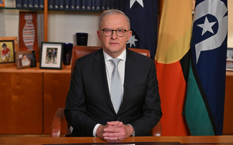 Prime Minister Anthony Albanese after a prerecorded address to the nation in his office at Parliament House, Canberra, Wednesday, April 1, 2026. Image AAP Photo Mick Tsikas