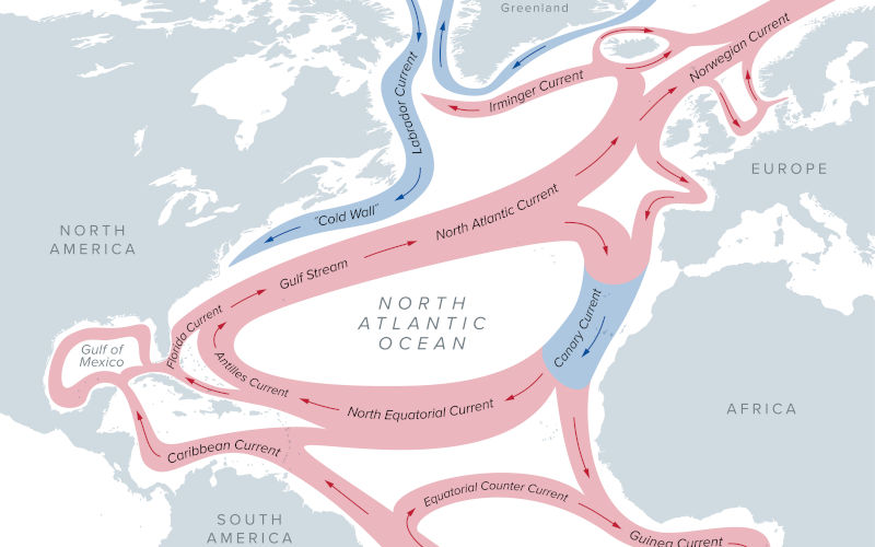 Map of the Gulf Stream and major North Atlantic Ocean currents. Sea water is circulating in clockwise direction, the warm currents highlighted in red, and the cold ones in blue. ImageiStock PeterHermesFurian