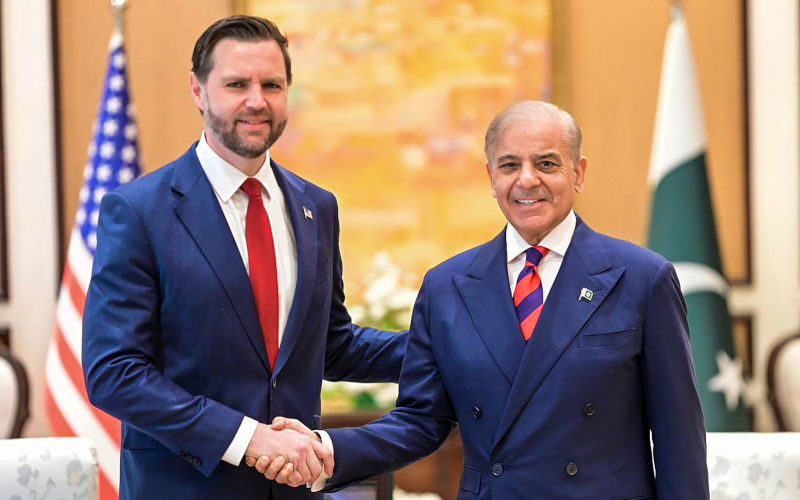 Islamabad, Pakistan. 11th Apr, 2026. Pakistans Prime Minister Shehbaz Sharif (R) shaking hands with US Vice President JD Vance during their meeting prior to the US Iran peace talks in Islamabad in Pakistan, on Saturday on April 11, 2026. Photo by Pakistan Prime Ministers Office UPI Credit UPI Alamy Live News Image ID 3E80K9R