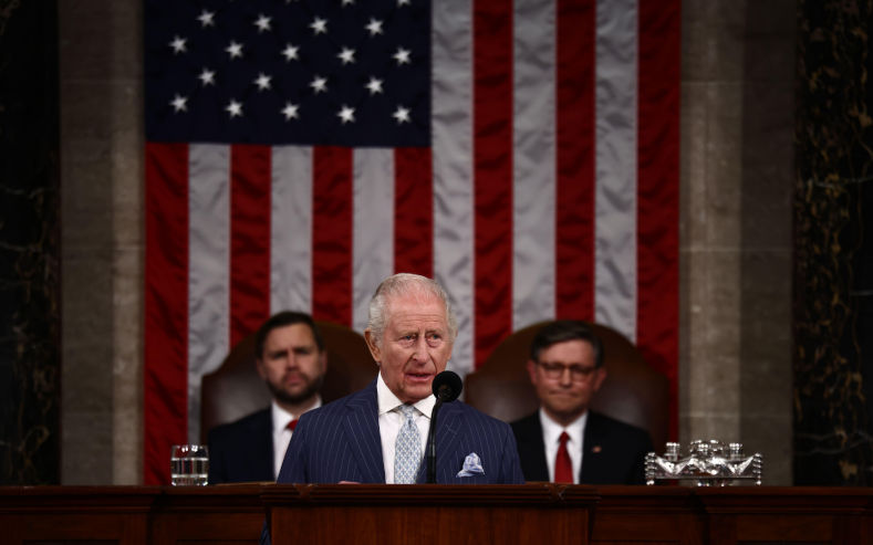 King Charles III addresses members of the US House of Representatives and the US Senate during a joint meeting of Congress, as they mark the 250th anniversary of independence, at the United States Capitol in Washington DC, on day two of the state visit to the US on Tuesday April 28, 2026. PA Images Henry Nicholls Alamy ID 3EC45BT