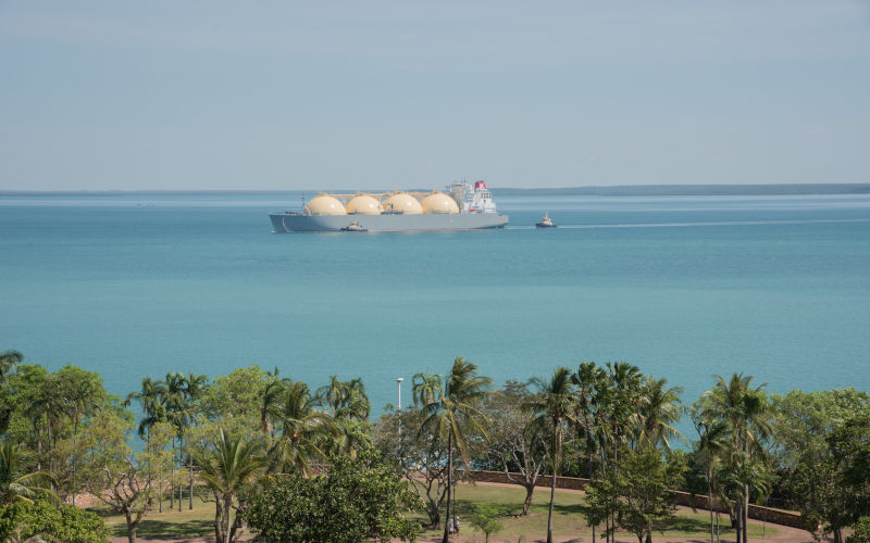 Darwin, NT, AustraliaApril 26,2018 LNG carrier in the Timor Sea with tugboat and view over Bicentennial Park in Darwin in the NT of Australia ImageiStock EAGiven