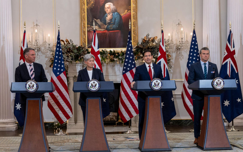 Washington, District Of Columbia, USA. 8th Dec, 2025. Secretary of State Marco Rubio (R2) accompanied by Australian Deputy Prime Minister and Defense Minister Richard Marles (L), Australian Foreign Minister Penny Wong (L2), and Secretary of War Pete Hegseth (R), speaks during a news conference at the State Department on December 8, 2025 in Washington, DC. The U.S. State Department hosted the 35th AustraliaUnited States Ministerial Consultations. Credit ZUMA Press, Inc. Alamy Live News Image ID3DA43AG