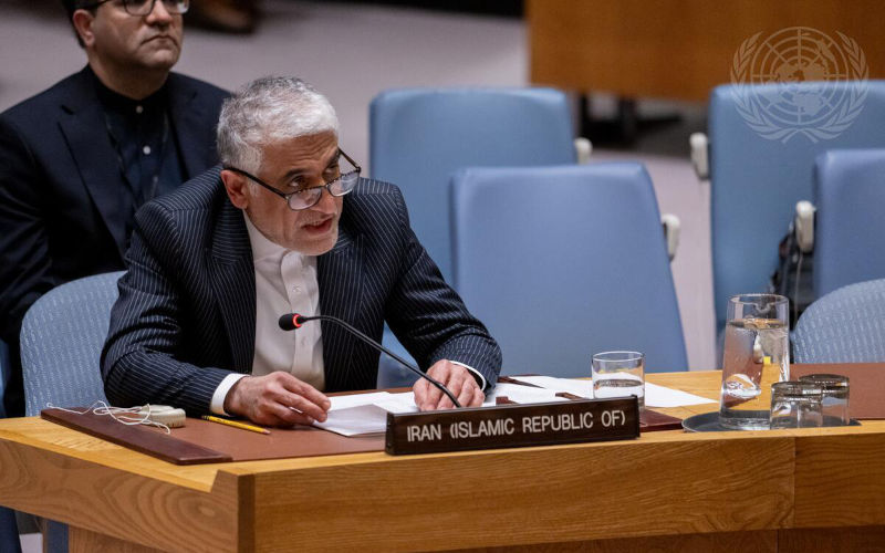 Amir Saeid Iravani, Permanent Representative of the Islamic Republic of Iran to the United Nations, addresses the Security Council meeting on the situation in the Middle East. Image UN Photo Manuel Elias ID UN71135206