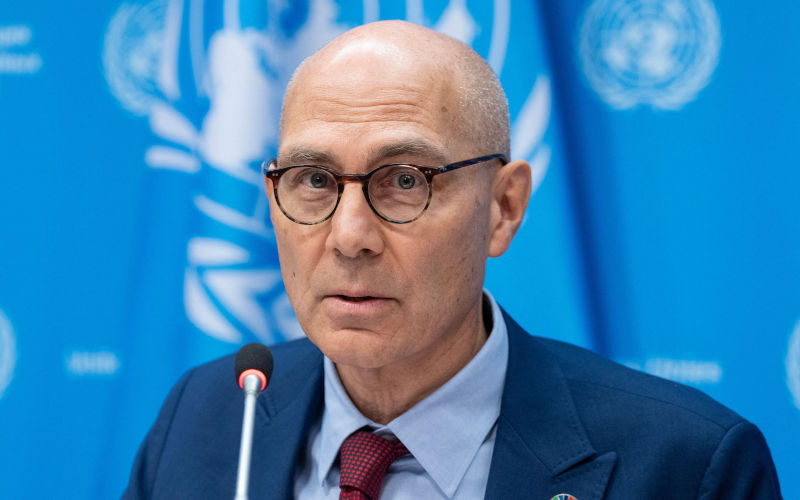 New York, USA. 17th Oct, 2024. UN High Commissioner for Human Rights Volker Turk brief media on world conflicts and how they affect human rights in those locations at UN Headquarters in New York on October 17, 2024. Image Lev Radin Sipa USA Alamy Live News Image ID2YBB15W