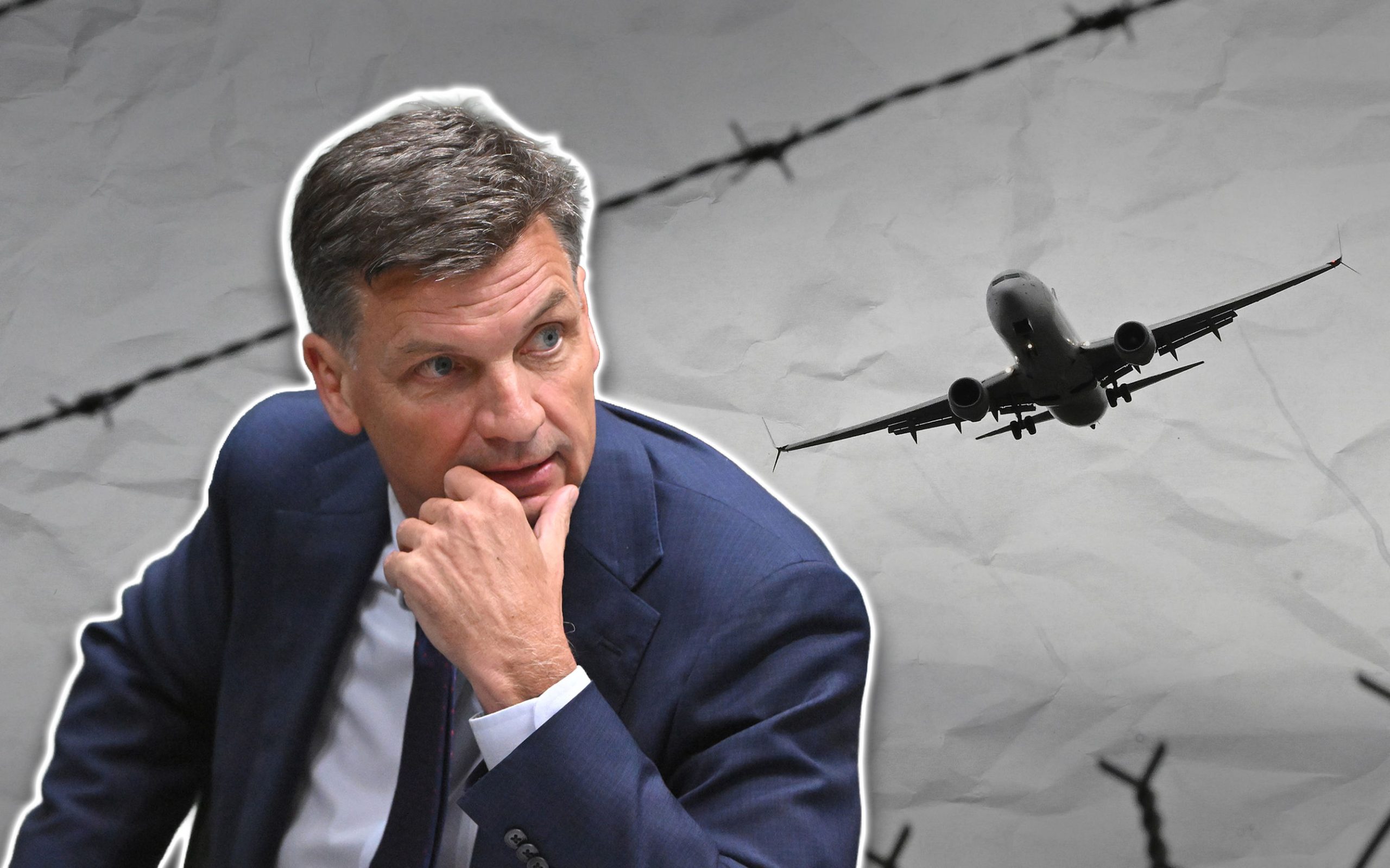 A graphic illustration created on Tuesday, April 14, 2026 featuring Opposition Leader Angus Taylor alongside an incoming plane, reflecting the Coalitions proposed overhaul of Australias immigration system, including a legally enforceable ÒAustralian values test, expanded screening measures for visa applicants, and plans to deport migrants deemed not to uphold those values. AAP Image Susie Dodds