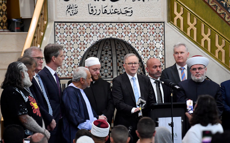 Australian Prime Minister Anthony Albanese (centre) addresses the congregation during a visit to the Lakemba Mosque in Sydney, Friday, October 6, 2023. Image AAP Bianca De Marchi