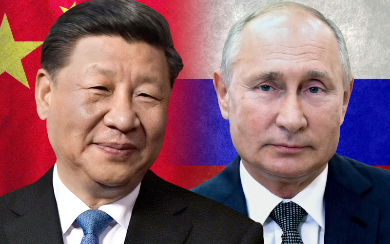 Xi Jinping and Putin Chinese and Russian flags Image Alamy Image ID 2JDR52W