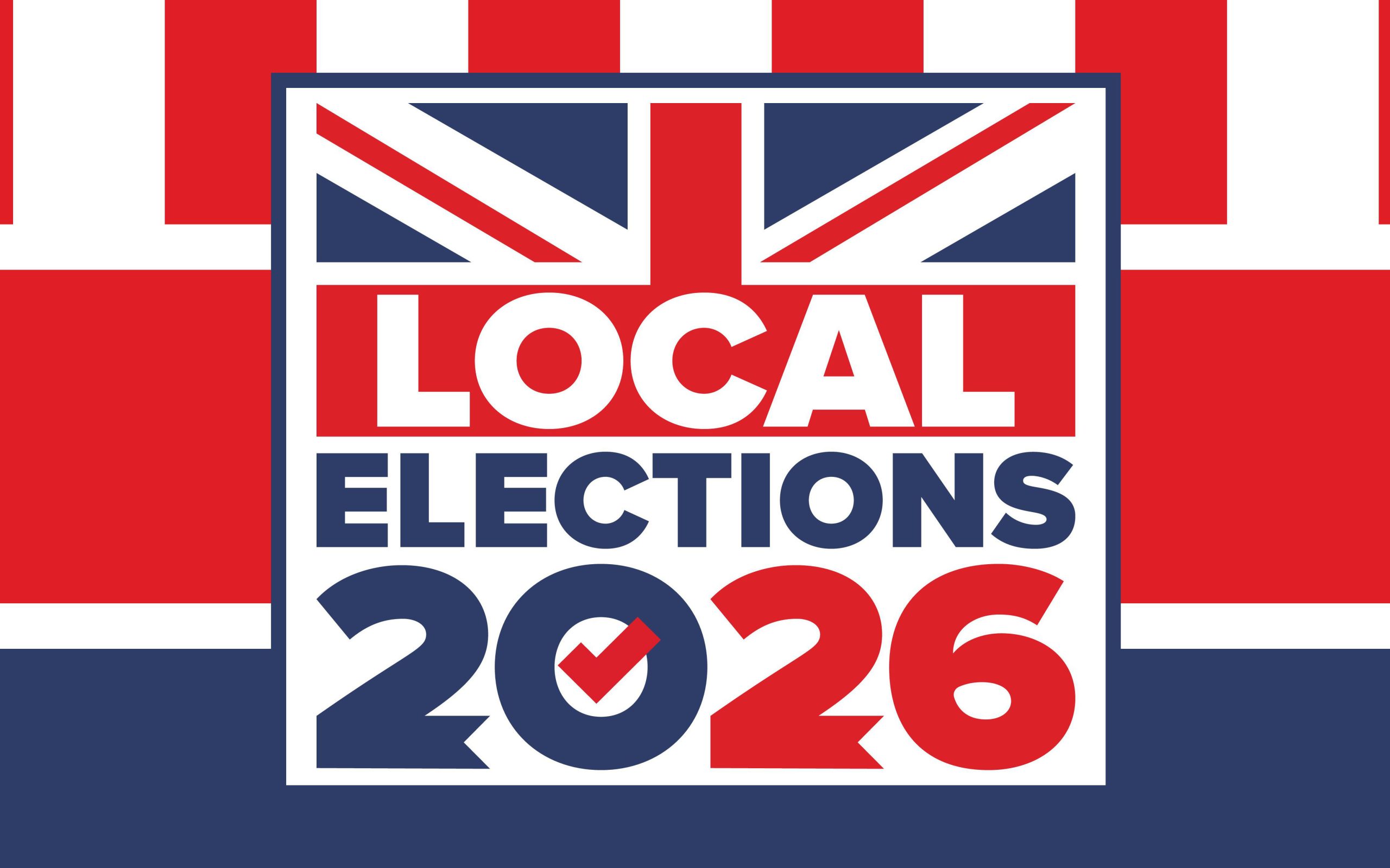 2026 United Kingdom Local Election Poster with Union Jack Flag and Voting Checkmark Icon. Vote 2026. Great Britain national flag. Image Alamy Image ID 3E6786T