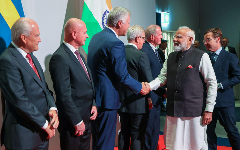 Sweden. 17th May, 2026. Strengthening India Sweden ties, PM Modi met Robert Maersk Uggla and interacted with leading Swedish CEOs in Gothenburg, Sweden. PM Modi engages with top Swedish industry leaders during his visit to Sweden, focusing on trade, innovation and global partnerships. Credit Seshadri SUKUMAR Alamy Live News Image ID3EG32X5
