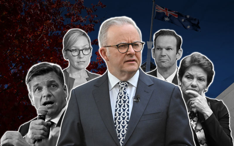 A composite created on Wednesday, May 13, 2026 featuring Prime Minister Anthony Albanese, Leader of the Opposition Angus Taylor, Leader of the Greens Senator Larissa Waters, Leader of the Nationals Senator Matt Canavan and Leader of One Nation Senator Pauline Hanson, as party leaders react to the 2026 27 Federal Budget. Image AAP Susie Dodds