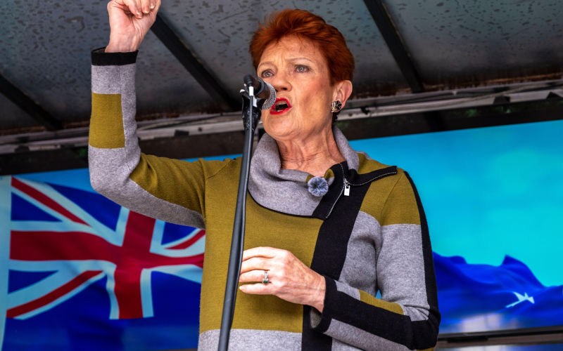 One Nation leader Pauline Hanson speaking at an Antiimmigration rally in Melbourne, Victoria, Australia. Image Michael Thomas Alamy ID 3DB073B