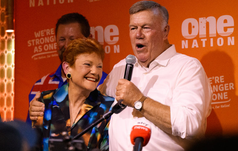 One Nation Leader Pauline Hanson (left), and One Nation Member for Farrer David Farley speak to supporters after winning the Farrer byelection at the party reception in Albury, NSW, Saturday, May 9, 2026. A historic byelection result in southern NSW turns a new chapter Australian politics, after One Nation swooped to victory to win its first lower house seat in the Ferrer byelection. Image AAP Bianca De Marchi