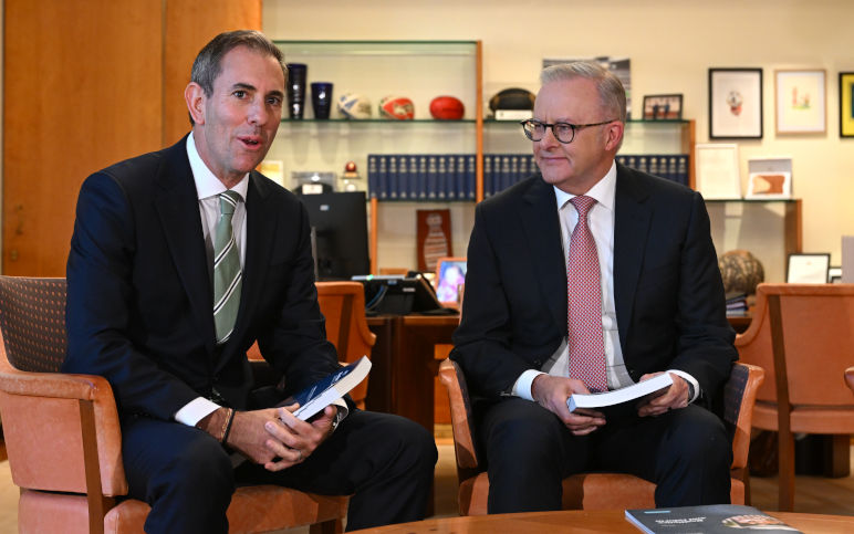 Australian Prime Minister Anthony Albanese and Australian Treasurer Jim Chalmers during a pre budget picture opportunity at Parliament House in Canberra, Monday, May 11, 2026. ImageAAP Image Lukas Coch