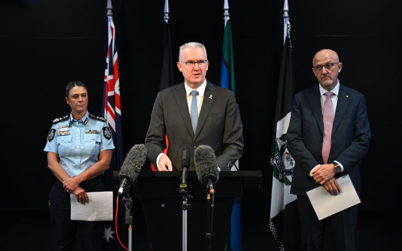 Australian Home Affairs Minister Tony Burke speaks to the media during a press conference at the Australian Federal Police (AFP) Headquarters in Canberra, Wednesday, May 6, 2026. ImageAAP Credit Lukas Coch