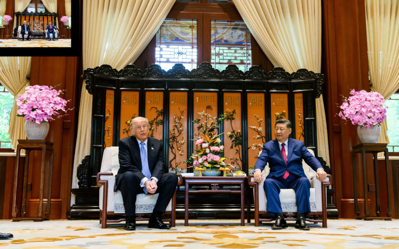 President Donald J. Trump participates in a bilateral tea with President Xi Jinping of the People?s Republic of China, Thursday, Friday, May 15, 2026, at Zhongnanhai in Beijing, China. Official White House Photo Alamy ID 3EFRJ27