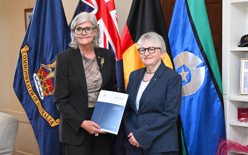 Commissioner for the Royal Commission on Antisemitism and Social Cohesion Virginia Bell delivers the Interim Report to the Royal Commission on Antisemitism and Social Cohesion to Australian GovernorGeneral Sam Mostyn at Government House, Canberra Thursday, April 30, 2026. Image AAP Image Lukas Coch