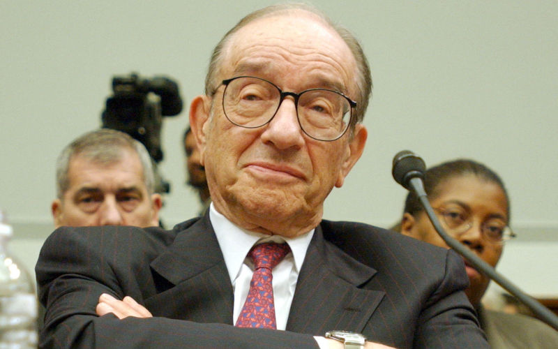Federal Reserve Board Chairman Alan Greenspan testifies before the U.S. House Financial Services Committee in Washington, DC, July 15, 2003. Greenspan said he was ready to keep U.S. interest rates low for a long time to lift the sagging economy and prevent a dangerous fall in prices. Credit Ron Sachs CNP AdMedia Alamy ID3ETH01N