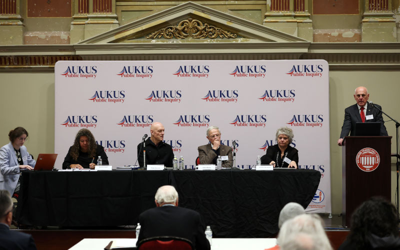 A general view during the nationwide hearings into the AUKUS submarine project at the Victorian Trades Hall in Melbourne, Thursday, June 11, 2026 Image AAP Con Chronis