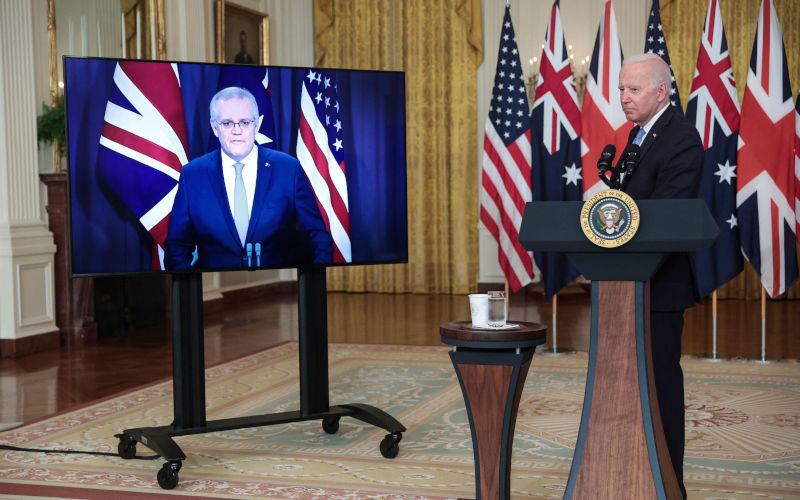 September 15, 2021, Washington, District of Columbia, USA President Joe Biden delivers remarks about a national security AUKUS initiative on September 15, 2021 in the East Room of the White House in Washington, DC. President Biden is joined virtually by Prime Minister Scott Morrison of Australia and Prime Minister Boris Johnson not seen of the United Kingdom. Image Alamy Photo Oliver Contreras CNP via ZUMA Press Wire Image ID 3BX7GPW