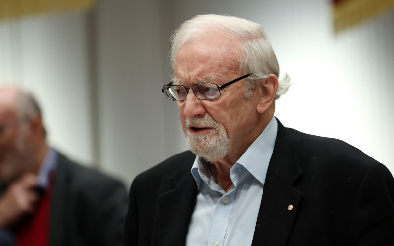 Former Minister for Foreign Affairs of Australia Gareth Evans arrives ahead of the nationwide hearings into the AUKUS submarine project at the Victorian Trades Hall in Melbourne, Thursday, June 11, 2026 Image AAP Con Chronis
