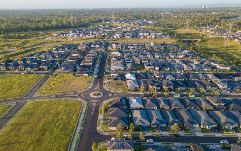 Aerial drone view of Jordan Springs East, western Sydney, NSW Australia February 2024