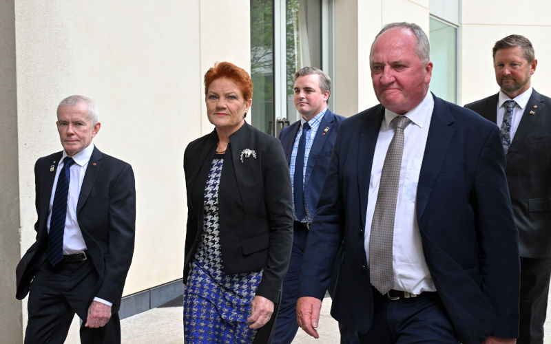 One Nation member for New England Barnaby Joyce and One Nation Leader Pauline Hanson leave after speaking to journalists at a press conference at Parliament House in Canberra, Monday, January 19, 2026. Image AAP Mick Tsikas