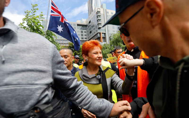 Pauline Hanson, Senator of Australia, antiimmigration rally. An antiimmigration protest takes place in Melbourne. Image SIPA USA Alamy image ID3D8D1M9