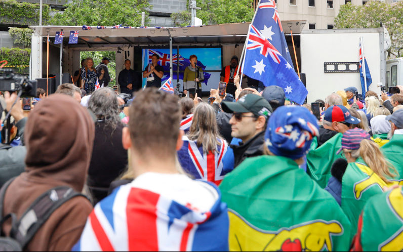 Senator Pauline Hanson is seen giving a speech during the antiimmigration protest in Melbourne, with demonstrators calling for reduced migration levels and opposing what they describe as government mismanagement of population growth. Participants also voice concerns about a proposed Digital ID system and rising energy costs. A small counterprotest challenges the rallys messages, arguing that the movement promotes misinformation and harmful antiimmigrant rhetoric. Image SIPA USA. Alamy Image ID 3D8D1GB