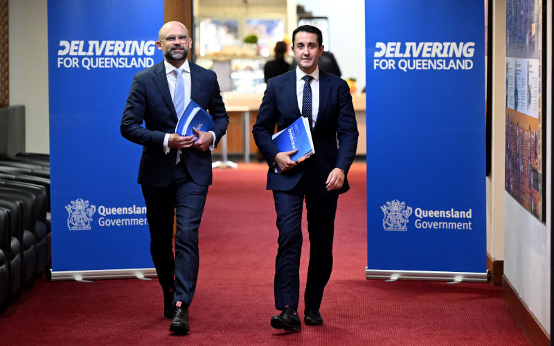 Queensland Treasurer David Janetzki (left) and Queensland Premier David Crisafulli (right) are seen before the handing down of the 202526 Queensland state budget at Queensland Parliament in Brisbane, Tuesday, June 23, 2026. Image AAP Darren England