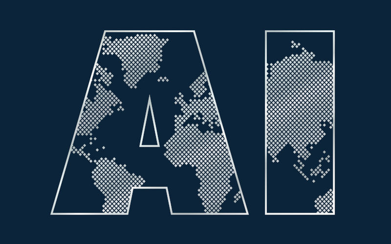 Artificial intelligence AI laid acrioss a world map. Image iStock CreditElizaveta Mukhina