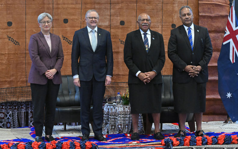 Australias Minister for Foreign Affairs Penny Wong Prime Minister, Anthony Albanese, Fijis Prime Minister Sitiveni Rabuka and Minister for Foreign Affairs Sakiasi Raisevu Ditoka at a welcome ceremony in Suva, Fiji, Monday, July 6, 2026. The Prime Minister is in Fijis capital Suva, where hes set to sign a major new treaty, before making a brief stop off in Solomon Islands on Tuesday. ImageAAP Mick Tsikas