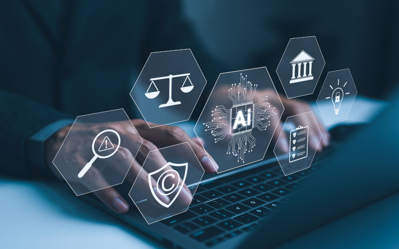 AI Laws and Regulations Concept. Hand typing on laptop with digital icons representing artificial intelligence, legal standard, ethics, and regulatory compliance, Technology law and policy, copyright. ImageiStock Supatman