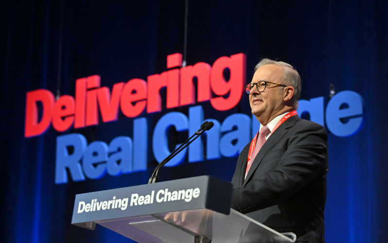 Prime Minister Anthony Albanese speaks during the 50th Australian Labor Party (ALP) national convention at the Adelaide Convention Centre, in Adelaide, Thursday, July 23, 2026. Image AAP Mick Tsikas