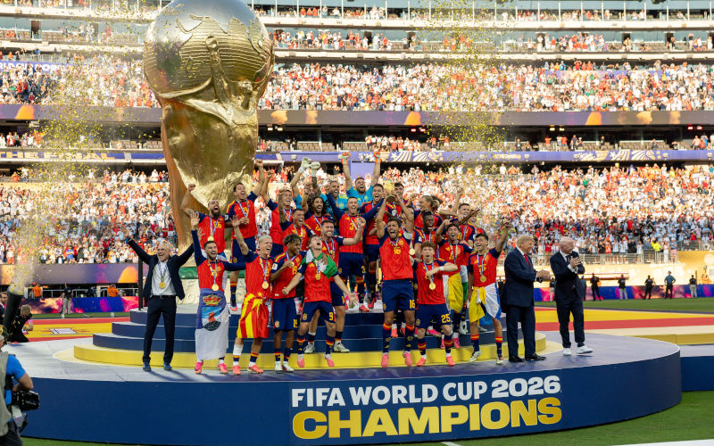 19th July 2026 New York New Jersey Stadium, East Rutherford, New Jersey, United States of America FIFA World Cup Final Football, Spain versus Argentina Spain celebrates on the podium Credit Action Plus Sports Images Alamy Live News Image ID 3F2RP40
