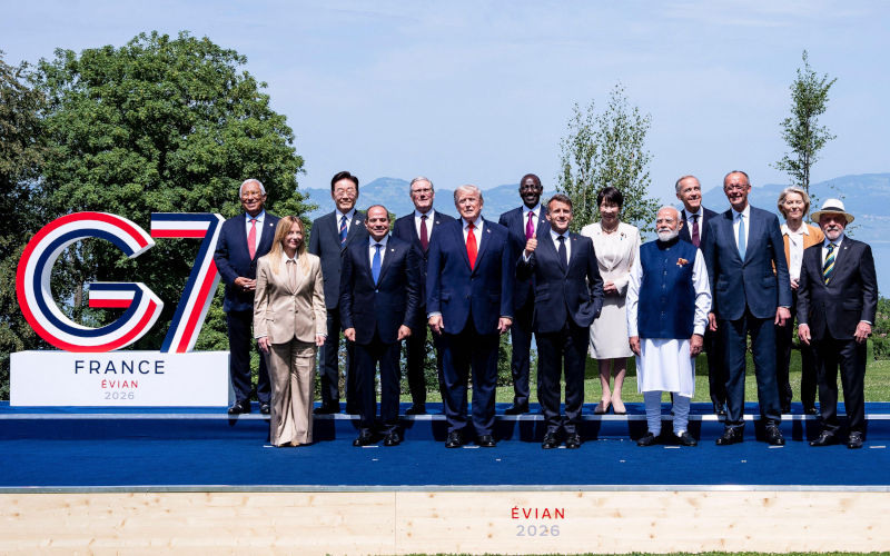Evian Les Bains, France. 16th June, 2026. G7 leaders and the heads of several other invited nations pose for a group photo during the G7 summit in EvianlesBains, France on Tuesday, June 16, 2026. Credit The Canadian Press Alamy Live News