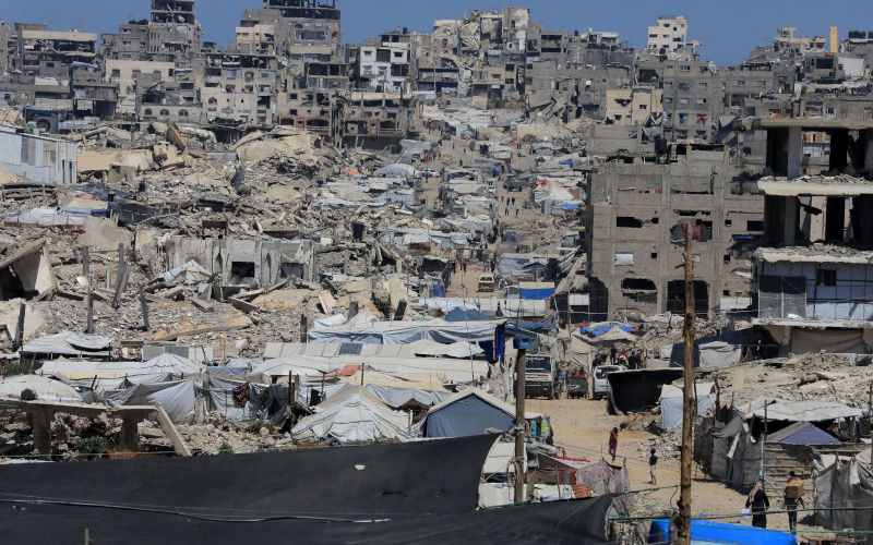 Displaced Palestinians Endure Harsh Conditions Amid Gaza Destruction General views show displaced Palestinians living in tents amid extensive destruction in the alZarqa area, east of Gaza City, on June 17, 2026. Thousands of displaced families continue to live in temporary shelters surrounded by Israel wardamaged buildings and rubble as they face difficult humanitarian conditions across the Gaza Strip. Image IMAGO Belal Osama apaimages Alamy image ID 3ER6K2H