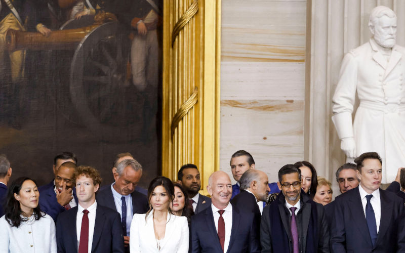 (LR) Priscilla Chan, Meta CEO Mark Zuckerberg, Lauren Sanchez, businessman Jeff Bezos, Alphabeta??s CEO Sundar Pichai, and businessman Elon Musk, among other dignitaries, attend Donald Trumps inauguration as the President of the United States in the rotunda of the United States Capitol in Washington, DC, USA, 20 January 2025. Image Alamy dpa picture alliance. Image ID 2S81WKT
