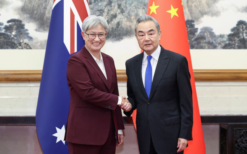 In this photo released by Xinhua News Agency, Chinese Foreign Minister Wang Yi, right shakes hands with Australian Foreign Minister Penny Wong at the eighth ChinaAustralia diplomatic and strategic dialogue held in Beijing on Wednesday, April 29, 2026. Image Liu Bin Xinhua via AP