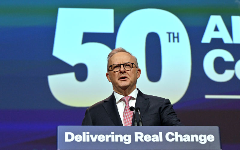 Prime Minister Anthony Albanese makes his closing remarks for the 50th Australian Labor Party (ALP) national convention at the Adelaide Convention Centre, in Adelaide, Saturday, July 25, 2026. Image AAP Mick Tsikas