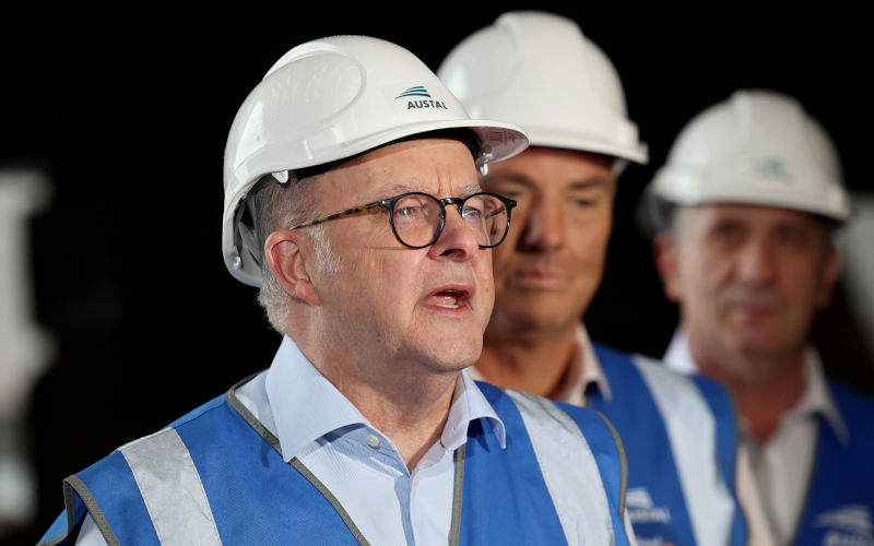 The Prime Minister, Anthony Albanese, holds a press conference in Henderson today at the Austal shipyard in Perth, Sunday, September 14, 2025. Image AAP Trevor Collens