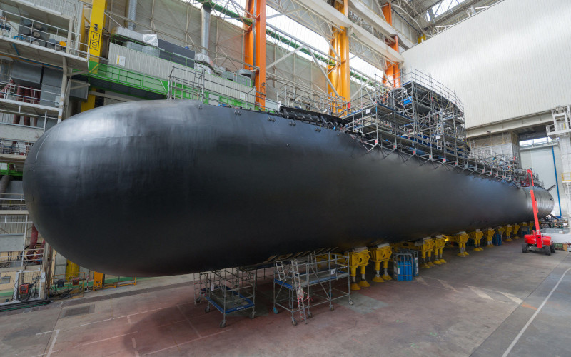 File photo dated August 16, 2017 of a Suffrenclass submarine under construction in Cherbourg, France. As a result of AUKUS Australia notified France that it would end its contract with state majority owned DCNS to build 12 of the worlds largest conventional submarines. Image Alamy Photo Dr Andbz ABACAPRESS.COM. Image ID 2GM22ET