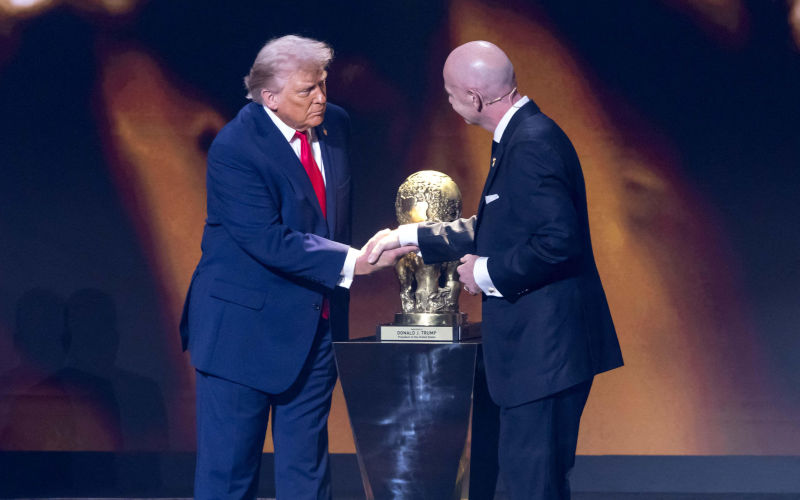 U.S. President Donald Trump receives the FIFA Peace Prize from FIFA President Gianni Infantino at the FIFA World Cup 2026 Official Draw at the John F. Kennedy Center for the Performing Arts December 05, 2025 in Washington, DC. Credit Brazil Photo Press Alamy Live News Image ID 3D9JEKK