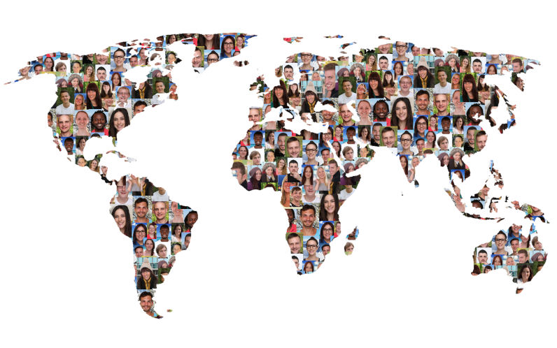 World map filled with the faces of people from different cultures. Image iStock Boarding1Now