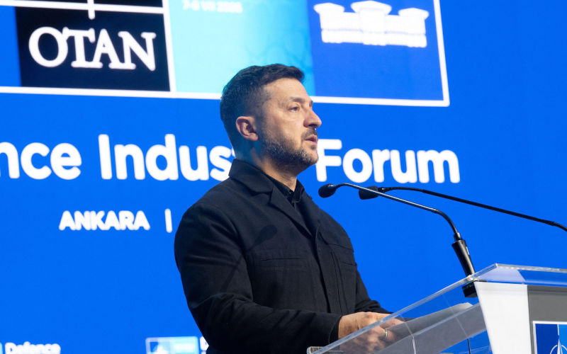 Volodymyr Zelenskyy, the President of Ukraine, speaks at the Defence Industry Forum during the 2026 NATO Ankara Summit in Ankara, Turkiye, on July 7, 2026. Photo by NATO UPI Credit UPI Alamy Live News. Image ID 3F0BXWF