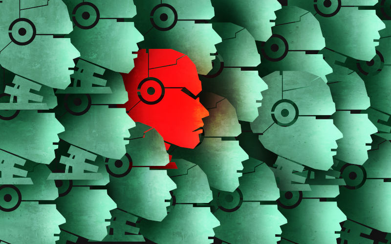 AI growth risk as Good Bots and a Bad Bot and chatbot as a social vulnerability for Robots gone rogue and the danger of robotic or artificial intelligence technology in a 3D illustration style. Image iStock wildpixel
